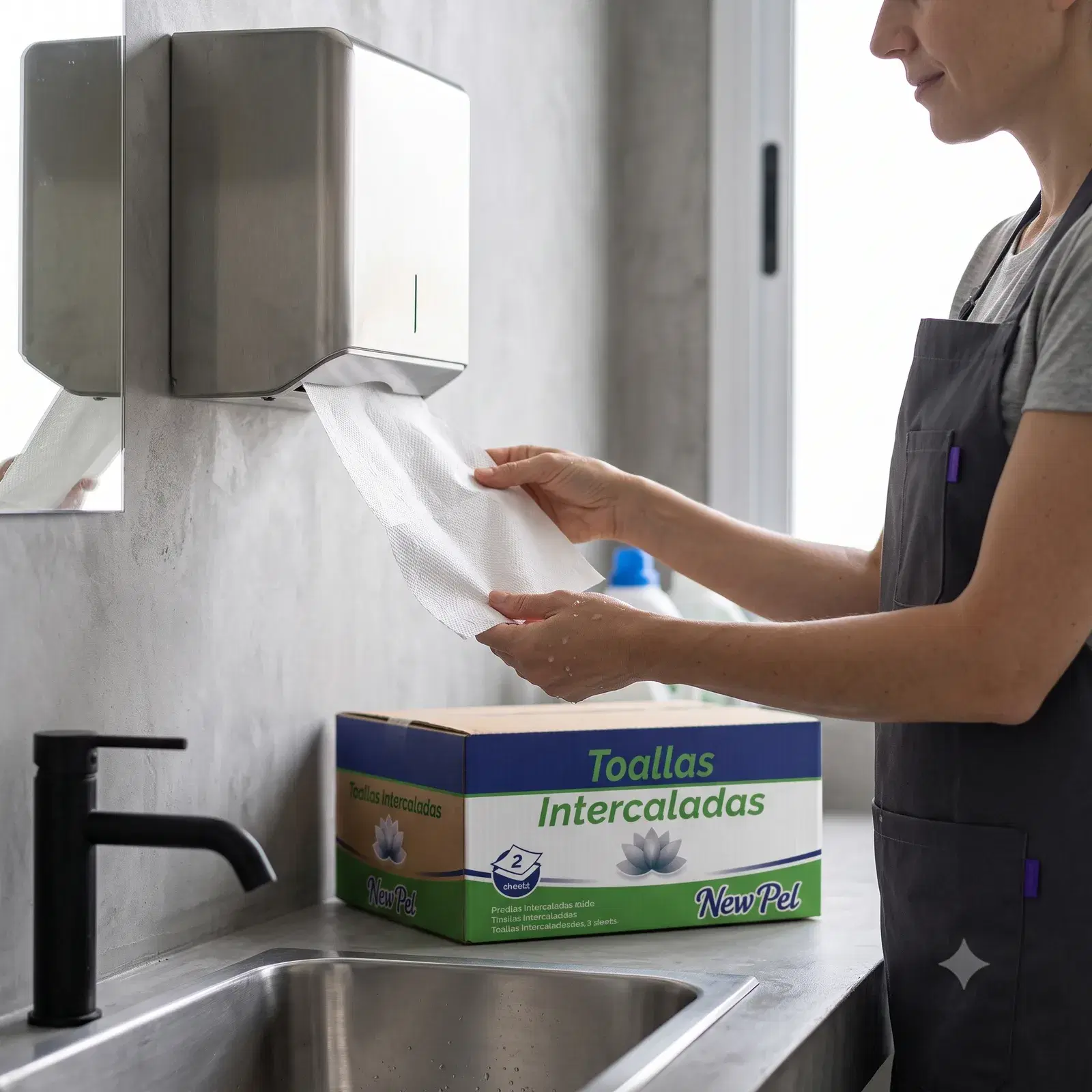 Empleada con delantal secándose las manos con una toalla intercalada New Pel tomada de un dispensador de acero, junto a la caja del producto