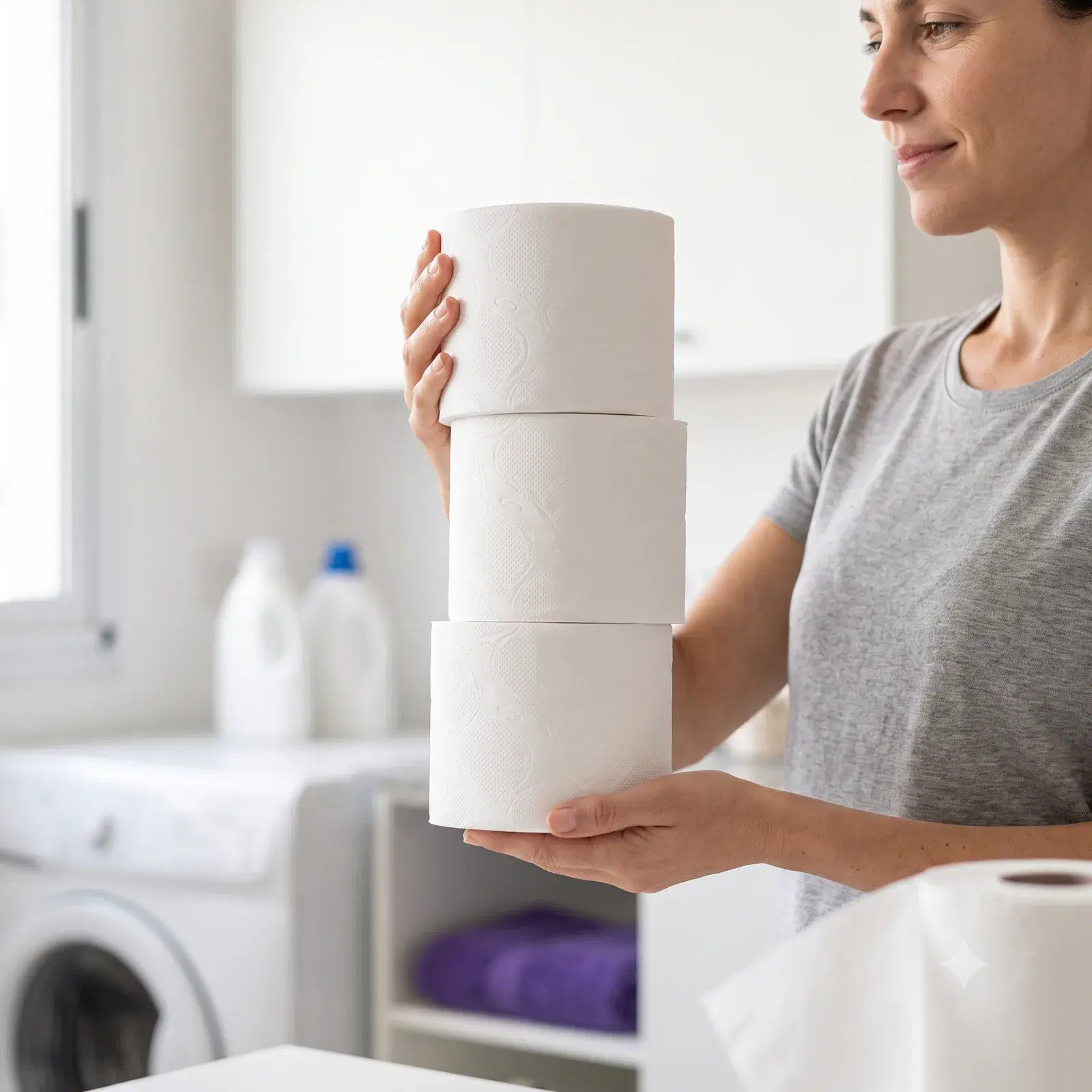 Mujer sosteniendo tres rollos de papel higiénico New Pel en el lavadero de su casa
